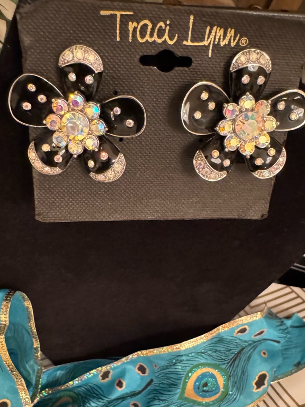 Traci Lynn Black Floral Aurora Borealis Crystal Earrings